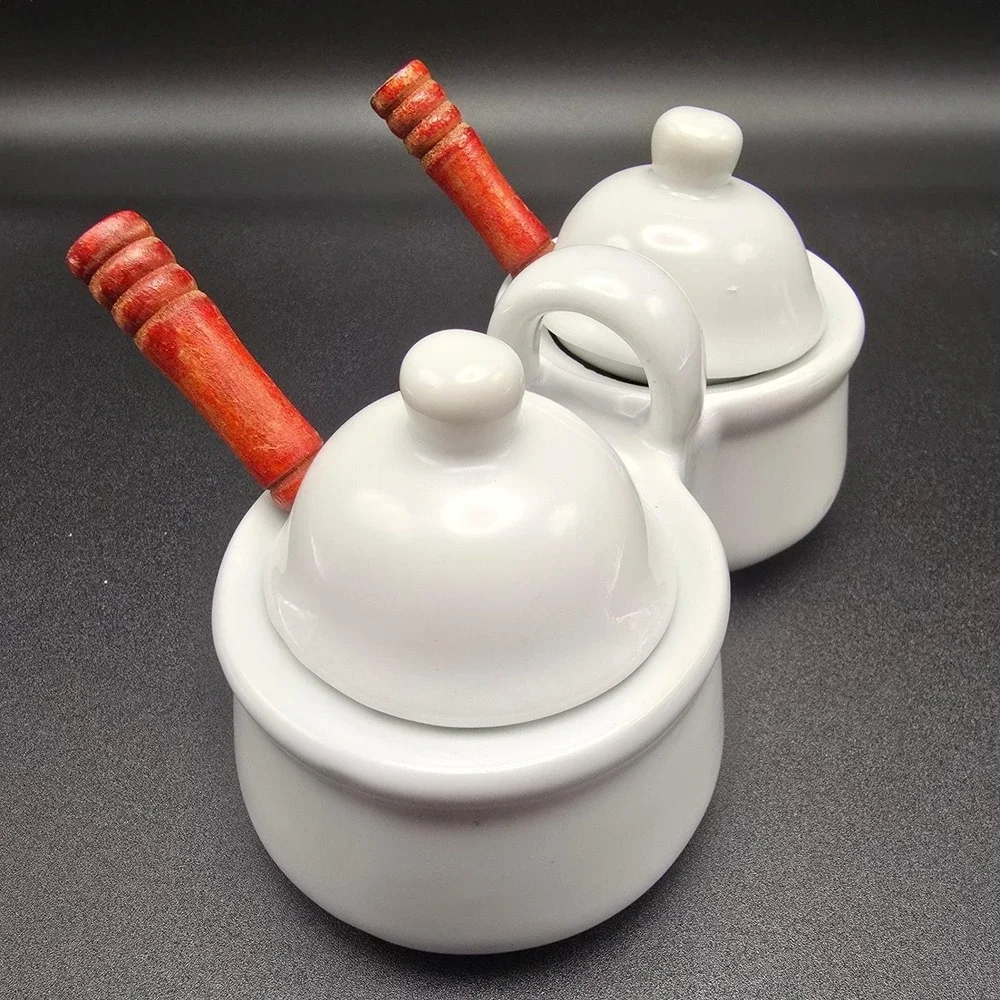 Houston Harvest HH Double Ceramic Condiment Server‎ Dish with Spoons White